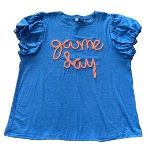 Blue Puff Sleeve Game Day T-Shirt Orange Script Size Medium